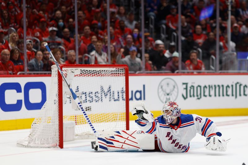 Apr 28, 2024; Washington, District of Columbia, USA; New York Rangers goaltender Igor Shesterkin (31) is beaten by a shot from Washington Capitals defenseman Martin Fehervary (not pictured) in the first period in game four of the first round of the 2024 Stanley Cup Playoffs at Capital One Arena. Mandatory Credit: Geoff Burke-USA TODAY Sports