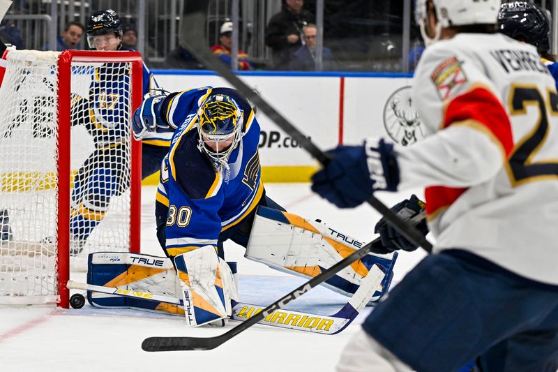 Jan 9, 2024; St. Louis, Missouri, USA;  St. Louis Blues goaltender Joel Hofer (30) defends the net against the Florida Panthers during the first period at Enterprise Center. Mandatory Credit: Jeff Curry-USA TODAY Sports