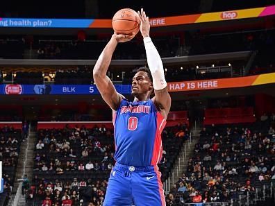 DETROIT, MI - DECEMBER 6: Jalen Duren #0 of the Detroit Pistons shoots the ball during the game  on December 6, 2023 at Little Caesars Arena in Detroit, Michigan. NOTE TO USER: User expressly acknowledges and agrees that, by downloading and/or using this photograph, User is consenting to the terms and conditions of the Getty Images License Agreement. Mandatory Copyright Notice: Copyright 2023 NBAE (Photo by Chris Schwegler/NBAE via Getty Images)