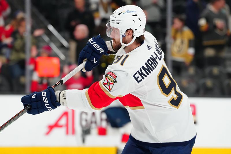 Jan 4, 2024; Las Vegas, Nevada, USA; Florida Panthers defenseman Oliver Ekman-Larsson (91) warms up before a game against the Vegas Golden Knights at T-Mobile Arena. Mandatory Credit: Stephen R. Sylvanie-USA TODAY Sports