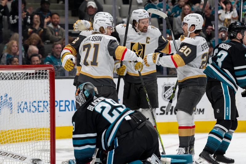 Feb 19, 2024; San Jose, California, USA; Vegas Golden Knights center William Karlsson (71) and Vegas Golden Knights center Chandler Stephenson (20) and Vegas Golden Knights center Byron Froese (51) celebrates after the goal San Jose Sharks during the first period at SAP Center at San Jose. Mandatory Credit: Neville E. Guard-USA TODAY Sports