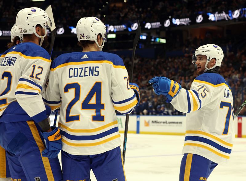 Apr 15, 2024; Tampa, Florida, USA;  Buffalo Sabres center Dylan Cozens (24) is congratulated by left wing Jordan Greenway (12) and Buffalo Sabres defenseman Connor Clifton (75) after he scored a goal against the Tampa Bay Lightning during the second period at Amalie Arena. Mandatory Credit: Kim Klement Neitzel-USA TODAY Sports