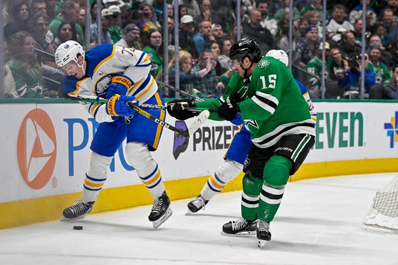 Apr 9, 2024; Dallas, Texas, USA; Dallas Stars center Craig Smith (15) is called for a penalty as he defends against Buffalo Sabres center Tage Thompson (72) during the third period at the American Airlines Center. Mandatory Credit: Jerome Miron-USA TODAY Sports