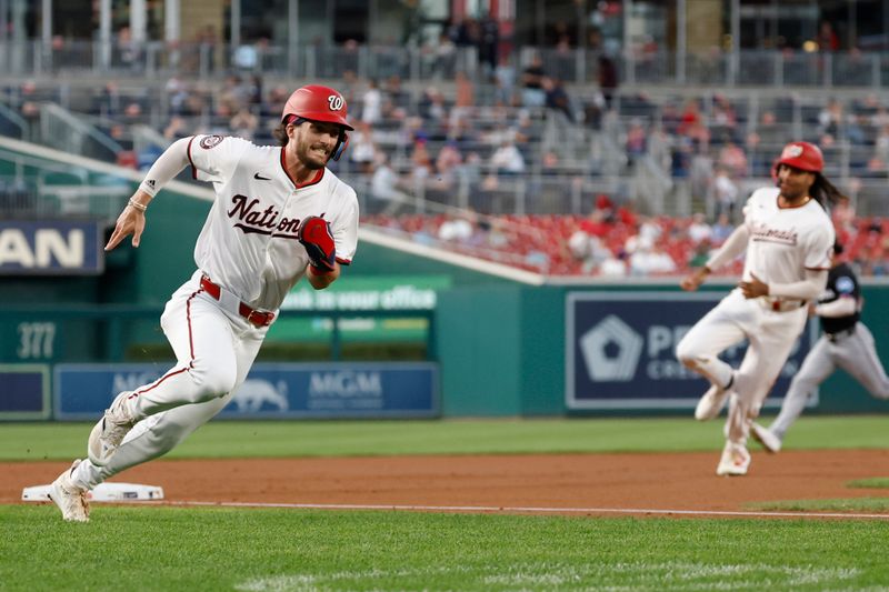 Sep 12, 2024; Washington, District of Columbia, USA; Washington Nationals outfielder Dylan Crews (3) and Nationals outfielder James Wood (29) round third base en route to scoring runs against the Miami Marlins during the first inning at Nationals Park. Mandatory Credit: Geoff Burke-Imagn Images