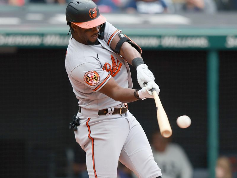 Sep 24, 2023; Cleveland, Ohio, USA; Baltimore Orioles Shortstop Jorge Mateo (3) hits a double against the Cleveland Guardians during the fourth inning at Progressive Field. Mandatory Credit: Aaron Josefczyk-USA TODAY Sports