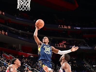 DETROIT, MI - DECEMBER 11: Bennedict Mathurin #00 of the Indiana Pacers shoots the ball during the game against the Detroit Pistons on December 11, 2023 at Little Caesars Arena in Detroit, Michigan. NOTE TO USER: User expressly acknowledges and agrees that, by downloading and/or using this photograph, User is consenting to the terms and conditions of the Getty Images License Agreement. Mandatory Copyright Notice: Copyright 2023 NBAE (Photo by Chris Schwegler/NBAE via Getty Images)