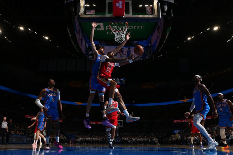 OKLAHOMA CITY, OK - APRIL 24: Brandon Ingram #14 of the New Orleans Pelicans drives to the basket during the game against the Oklahoma City Thunder during Round 1 Game 2 of the 2024 NBA Playoffs on April 24, 2024 at Paycom Arena in Oklahoma City, Oklahoma. NOTE TO USER: User expressly acknowledges and agrees that, by downloading and or using this photograph, User is consenting to the terms and conditions of the Getty Images License Agreement. Mandatory Copyright Notice: Copyright 2024 NBAE (Photo by Zach Beeker/NBAE via Getty Images)