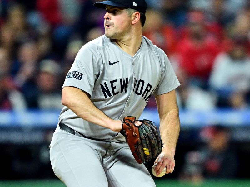 Oct 19, 2024; Cleveland, Ohio, USA; New York Yankees pitcher Carlos Rodón (55) pitches against the Cleveland Guardians during the first inning during game five of the ALCS for the 2024 MLB playoffs at Progressive Field. Mandatory Credit: David Dermer-Imagn Images