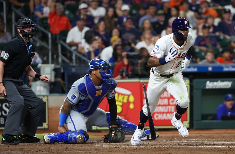 Aug 29, 2024; Houston, Texas, USA;  Houston Astros right fielder Jason Hayward (22) hits a two run RBI double against the Kansas City Royals in the fifth inning at Minute Maid Park. Mandatory Credit: Thomas Shea-USA TODAY Sports