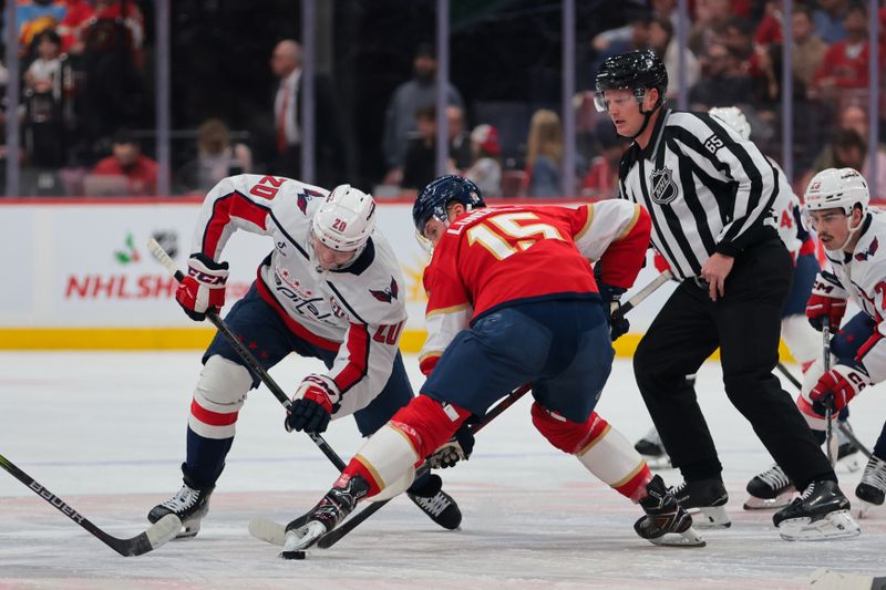 Nov 25, 2024; Sunrise, Florida, USA; Washington Capitals center Lars Eller (20) and Florida Panthers center Anton Lundell (15) face-off during the first period at Amerant Bank Arena. Mandatory Credit: Sam Navarro-Imagn Images