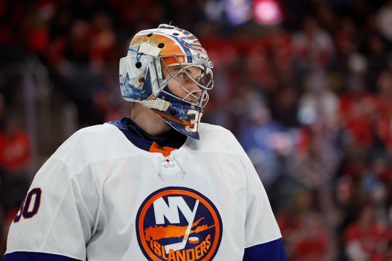 Feb 29, 2024; Detroit, Michigan, USA;  New York Islanders goaltender Ilya Sorokin (30) looks on in the second period against the Detroit Red Wings at Little Caesars Arena. Mandatory Credit: Rick Osentoski-USA TODAY Sports