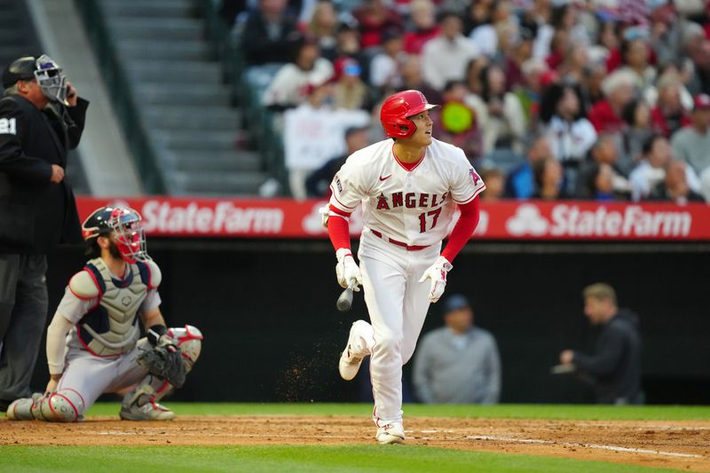 May 24, 2023; Anaheim, California, USA; Los Angeles Angels designated hitter Shohei Ohtani (17) hits a home run in the third inning against the Boston Red Sox at Angel Stadium. Mandatory Credit: Kirby Lee-USA TODAY Sports