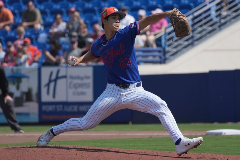 Feb 25, 2026; Port St. Lucie, Florida, USA;  New York Mets pitcher Jonah Tong (21) pitches in the first inning against the St. Louis Cardinals at Clover Park. Mandatory Credit: Jim Rassol-Imagn Images