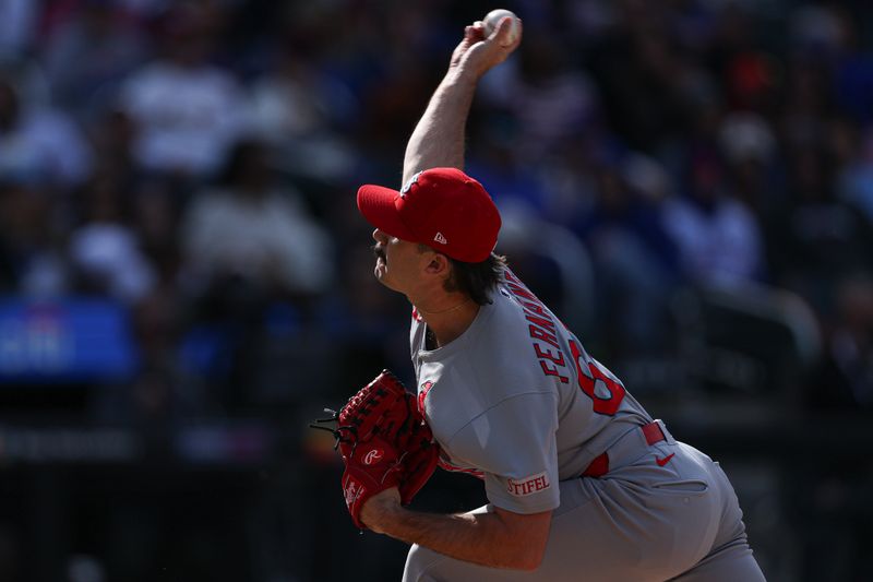 Apr 20, 2025; New York City, New York, USA;  St. Louis Cardinals relief pitcher Ryan Fernandez (64) delivers a pitch during the eighth inning against the New York Mets at Citi Field. Mandatory Credit: Vincent Carchietta-Imagn Images