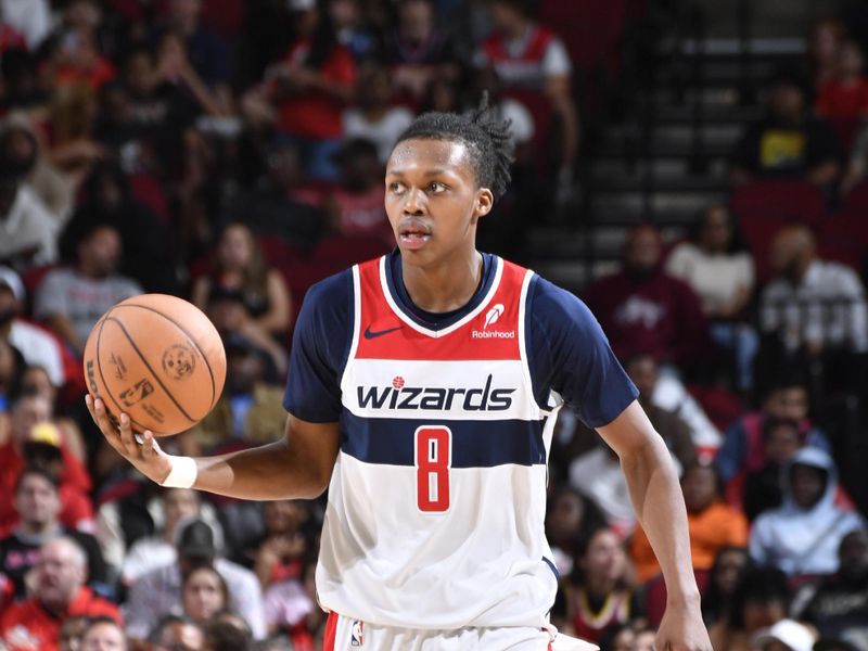 HOUSTON, TX - NOVEMBER 11: Bub Carrington #8 of the Washington Wizards dribbles the ball during the game against the Houston Rockets on November 11, 2024 at the Toyota Center in Houston, Texas. NOTE TO USER: User expressly acknowledges and agrees that, by downloading and or using this photograph, User is consenting to the terms and conditions of the Getty Images License Agreement. Mandatory Copyright Notice: Copyright 2024 NBAE (Photo by Logan Riely/NBAE via Getty Images)