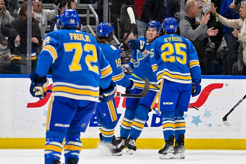 Jan 20, 2024; St. Louis, Missouri, USA;  St. Louis Blues left wing Jake Neighbours (63) is congratulated by center Robert Thomas (18) and center Jordan Kyrou (25) after scoring against the Washington Capitals during the third period at Enterprise Center. Mandatory Credit: Jeff Curry-USA TODAY Sports