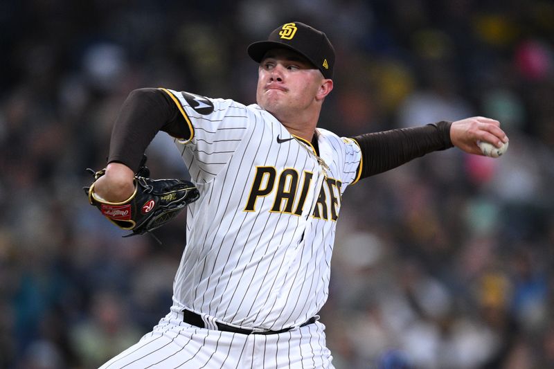 Jun 24, 2023; San Diego, California, USA; San Diego Padres relief pitcher Adrian Morejon (50) throws a pitch against the Washington Nationals during the ninth inning at Petco Park. Mandatory Credit: Orlando Ramirez-USA TODAY Sports