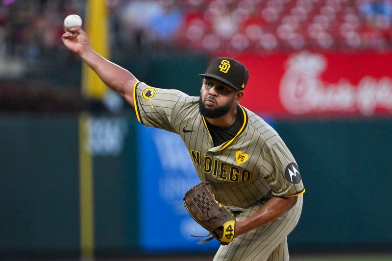 Aug 26, 2024; St. Louis, Missouri, USA;  San Diego Padres starting pitcher Randy Vasquez (98) pitches against the St. Louis Cardinals during the first inning at Busch Stadium. Mandatory Credit: Jeff Curry-USA TODAY Sports