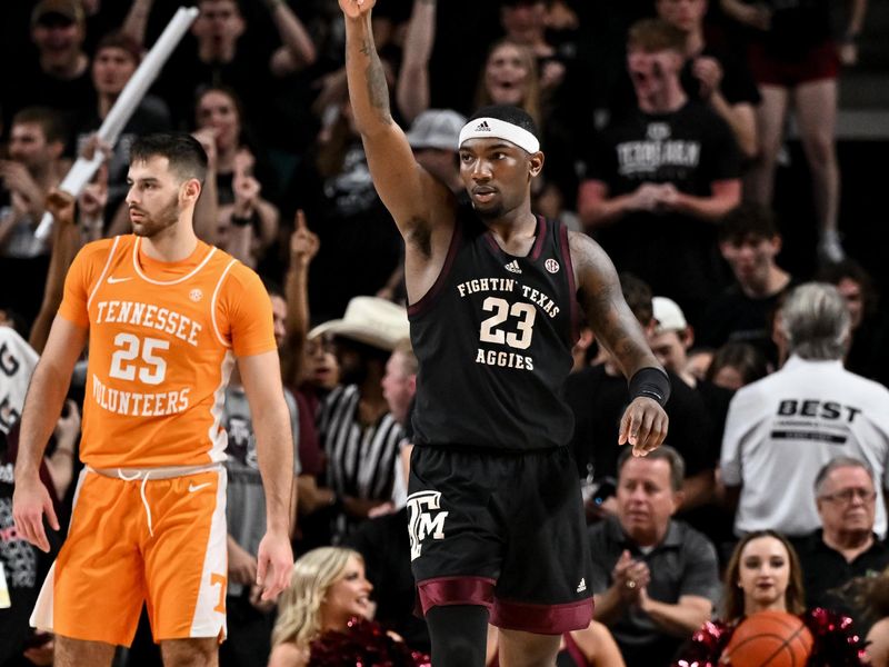 Feb 21, 2023; College Station, Texas, USA;  Texas A&M Aggies guard Tyrece Radford (23) motions during the second half against the Tennessee Volunteers at Reed Arena. Mandatory Credit: Maria Lysaker-USA TODAY Sports