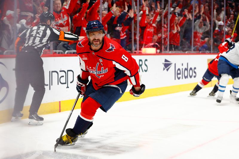 Mar 24, 2024; Washington, District of Columbia, USA; Washington Capitals left wing Alex Ovechkin (8) celebrates after scoring a goal during the third period against the Winnipeg Jets at Capital One Arena. Mandatory Credit: Amber Searls-USA TODAY Sports