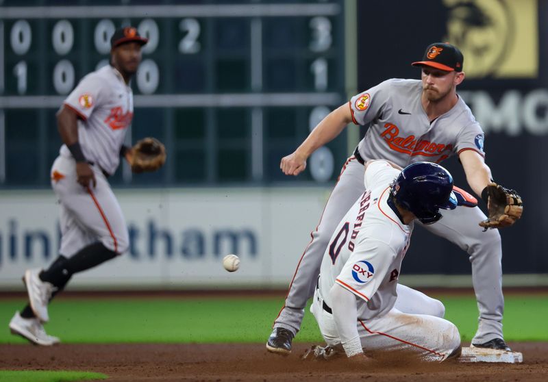 Jun 23, 2024; Houston, Texas, USA;  Houston Astros right fielder Joey Loperfido (10) steals second base against Baltimore Orioles second baseman Jordan Westburg (11) in the fifth inning at Minute Maid Park. Mandatory Credit: Thomas Shea-USA TODAY Sports