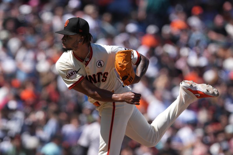 Jun 2, 2024; San Francisco, California, USA; San Francisco Giants relief pitcher Camilo Doval (75) throws a pitch against the New York Yankees during the ninth inning at Oracle Park. Mandatory Credit: Darren Yamashita-USA TODAY Sports