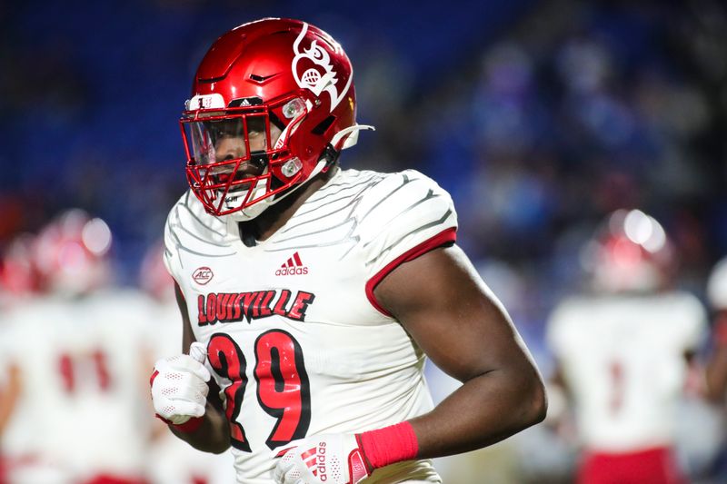 Nov 18, 2021; Durham, North Carolina, USA;  Louisville Cardinals defensive lineman Tabarius Peterson (29) during the 1st half of the game against the Louisville Cardinals at Wallace Wade Stadium. Mandatory Credit: Jaylynn Nash-USA TODAY Sports