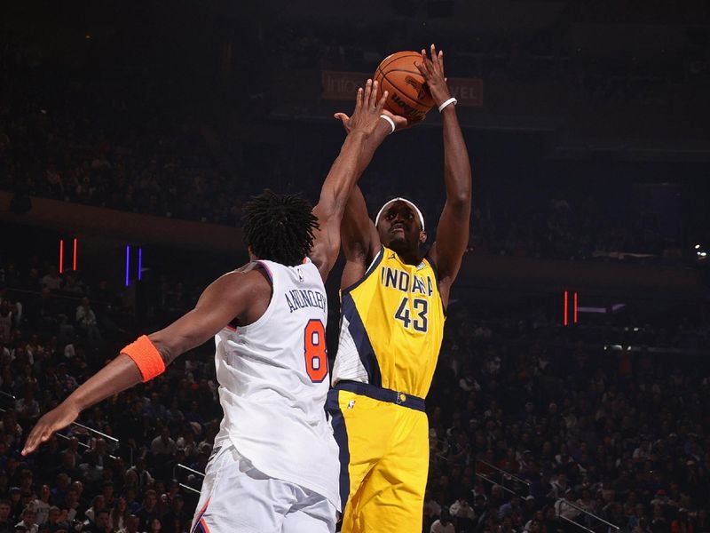 NEW YORK, NY - MAY 23: Pascal Siakam #43 of the Indiana Pacers shoots the ball during the game against the New York Knicks during Game 2 of the 2025 Eastern Conference Finals on May 23, 2025 at Madison Square Garden in New York City, New York. NOTE TO USER: User expressly acknowledges and agrees that, by downloading and or using this photograph, User is consenting to the terms and conditions of the Getty Images License Agreement. Mandatory Copyright Notice: Copyright 2025 NBAE(Photo by Nathaniel S. Butler/NBAE via Getty Images)