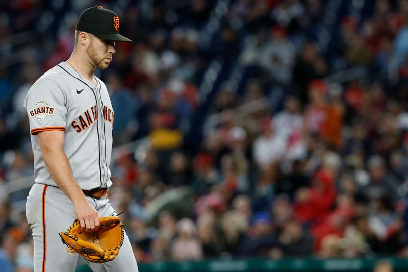 May 23, 2025; Washington, District of Columbia, USA; San Francisco Giants pitcher Landen Roupp (65) walks off the field after being removed from the game against the Washington Nationals during the seventh inning at Nationals Park. Mandatory Credit: Geoff Burke-Imagn Images