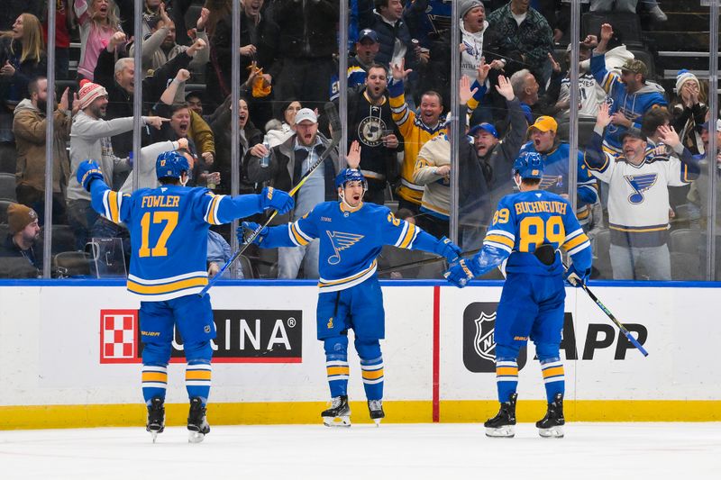Jan 24, 2026; St. Louis, Missouri, USA; St. Louis Blues right wing Jordan Kyrou (25) reacts after scoring the game tying goal against the Los Angeles Kings during the third period at Enterprise Center. Mandatory Credit: Jeff Curry-Imagn Images
