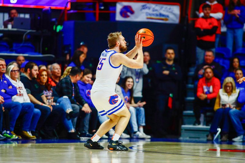 Feb 17, 2024; Boise, Idaho, USA; Boise State Broncos guard Jace Whiting (15) shoots a three during the first half against the Fresno State Bulldogs at ExtraMile Arena. Mandatory Credit: Brian Losness-USA TODAY Sports

