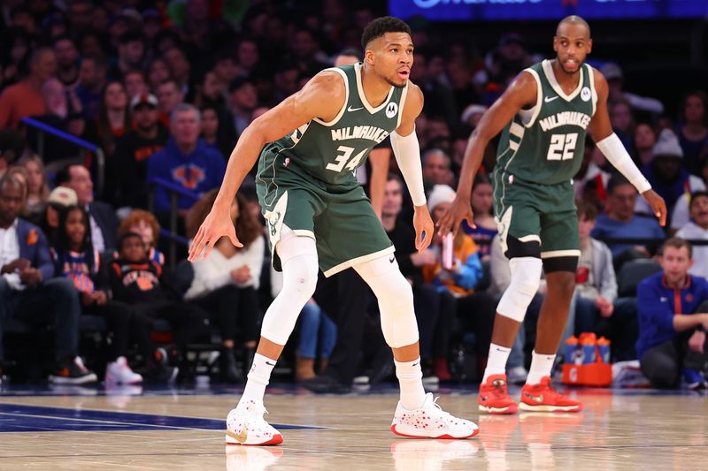 NEW YORK, NEW YORK - DECEMBER 25:  Giannis Antetokounmpo #34 of the Milwaukee Bucks defends during the third quarter against the New York Knicks at Madison Square Garden on December 25, 2023 in New York City.  NOTE TO USER: User expressly acknowledges and agrees that, by downloading and or using this photograph, User is consenting to the terms and conditions of the Getty Images License Agreement. (Photo by Rich Graessle/Getty Images)