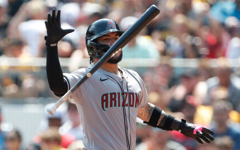 Aug 4, 2024; Pittsburgh, Pennsylvania, USA;  Arizona Diamondbacks catcher Jose Herrera (11) reacts after striking out against the Pittsburgh Pirates during the fifth inning at PNC Park. Mandatory Credit: Charles LeClaire-USA TODAY Sports