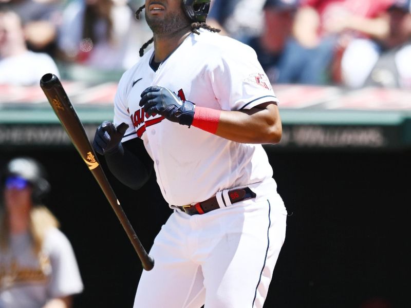 Jun 22, 2023; Cleveland, Ohio, USA; Cleveland Guardians first baseman Josh Bell (55) watches his home run during the fifth inning against the Oakland Athletics at Progressive Field. Mandatory Credit: Ken Blaze-USA TODAY Sports