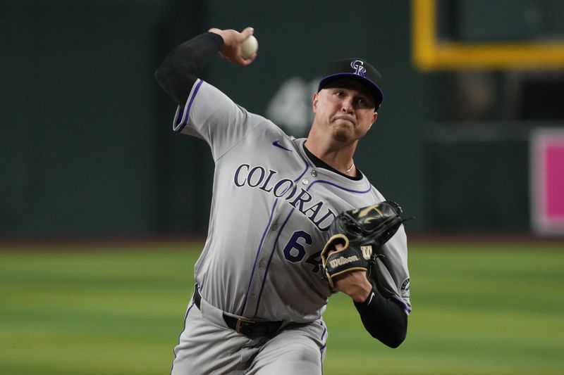 Aug 12, 2024; Phoenix, Arizona, USA; Colorado Rockies pitcher Bradley Blalock (64) throws against the Arizona Diamondbacks in the first inning at Chase Field. Mandatory Credit: Rick Scuteri-USA TODAY Sports