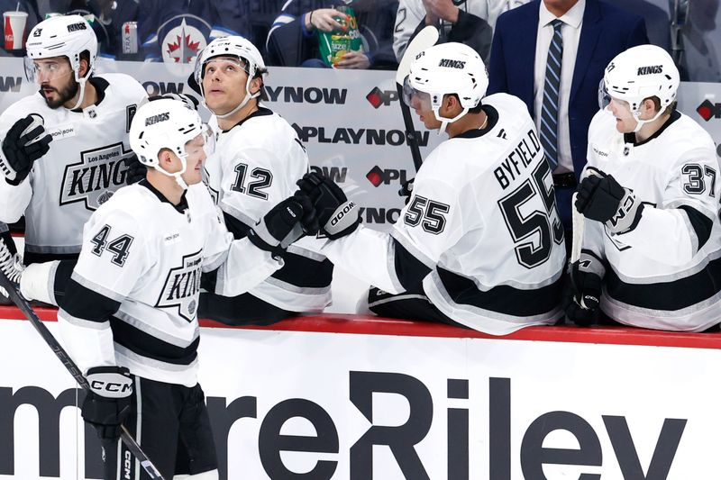 Oct 11, 2025; Winnipeg, Manitoba, CAN; Los Angeles Kings defenseman Mikey Anderson (44) celebrates his goal against the Winnipeg Jets in the second period at Canada Life Centre. Mandatory Credit: James Carey Lauder-Imagn Images