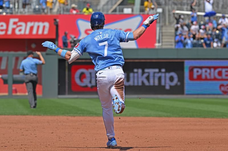 Aug 25, 2024; Kansas City, Missouri, USA;  Kansas City Royals shortstop Bobby Witt Jr. (7) reacts after hitting a solo home run in the third inning against the Philadelphia Phillies at Kauffman Stadium. Mandatory Credit: Peter Aiken-USA TODAY Sports