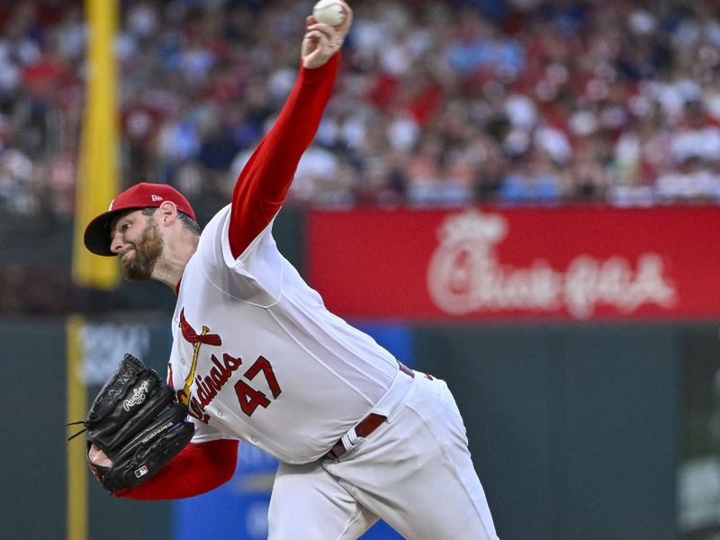 Jul 28, 2023; St. Louis, Missouri, USA;  St. Louis Cardinals starting pitcher Jordan Montgomery (47) pitches against the Chicago Cubs during the second inning at Busch Stadium. Mandatory Credit: Jeff Curry-USA TODAY Sports