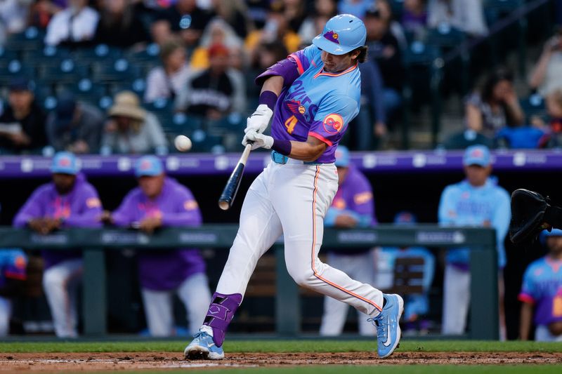 May 9, 2025; Denver, Colorado, USA; Colorado Rockies first baseman Michael Toglia (4) hits a solo home run in the fourth inning against the San Diego Padres at Coors Field. Mandatory Credit: Isaiah J. Downing-Imagn Images