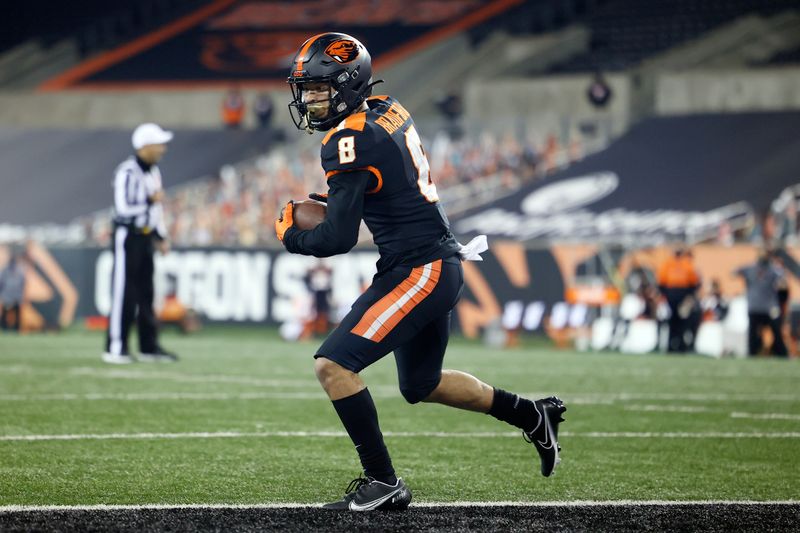 Nov 7, 2020; Corvallis, Oregon, USA; Oregon State Beavers wide receiver Trevon Bradford (8) makes a catch for a two-point conversion against the Washington State Cougars during the second half at Reser Stadium. Mandatory Credit: Soobum Im-USA TODAY Sports