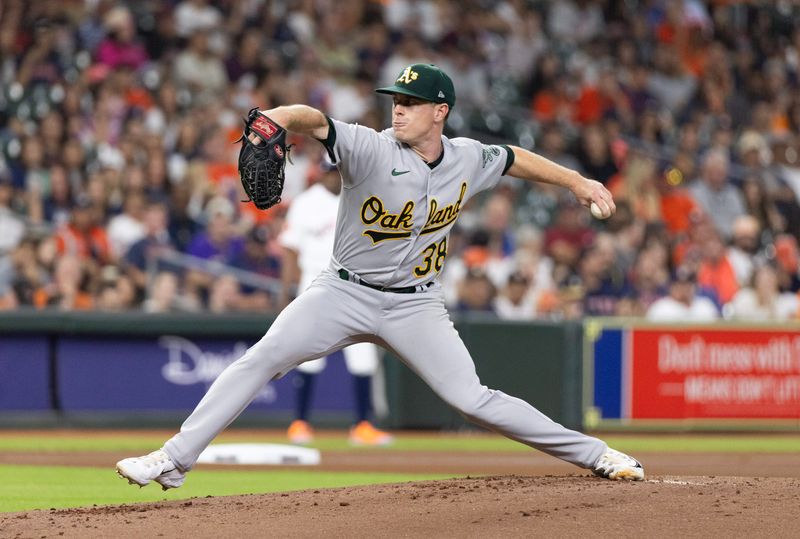 Sep 12, 2023; Houston, Texas, USA; Oakland Athletics starting pitcher JP Sears (38) pitches against the Houston Astros in the first inning at Minute Maid Park. Mandatory Credit: Thomas Shea-USA TODAY Sports