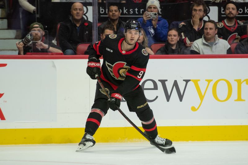 Nov 24, 2023; Ottawa, Ontario, CAN; Ottawa Senators center Josh Norris (9) controls the puck in the first period against the New York Islanders at the Canadian Tire Centre. Mandatory Credit: Marc DesRosiers-USA TODAY Sports