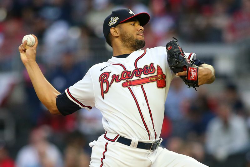 Apr 11, 2022; Atlanta, Georgia, USA; Atlanta Braves starting pitcher Huascar Ynoa (19) throws a pitch against the Washington Nationals in the first inning at Truist Park. Mandatory Credit: Brett Davis-USA TODAY Sports
