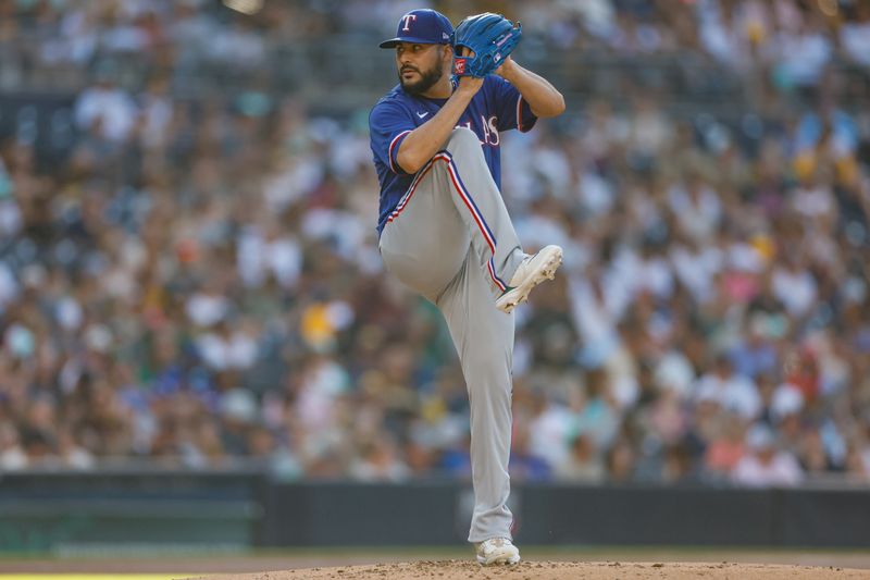 Jul 29, 2023; San Diego, California, USA;  Texas Rangers starting pitcher Martin Perez (54) throws a pitch against the San Diego Padres in the first inning at Petco Park. Mandatory Credit: David Frerker-USA TODAY Sports