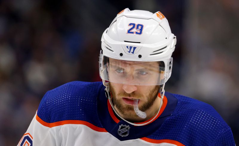 Mar 9, 2024; Buffalo, New York, USA;  Edmonton Oilers center Leon Draisaitl (29) waits for the face-off during the third period against the Buffalo Sabres at KeyBank Center. Mandatory Credit: Timothy T. Ludwig-USA TODAY Sports