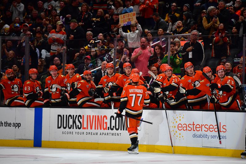 Jan 23, 2025; Anaheim, California, USA; Anaheim Ducks right wing Frank Vatrano (77) celebrates his goal scored against the Pittsburgh Penguins during the third period at Honda Center. Mandatory Credit: Gary A. Vasquez-Imagn Images