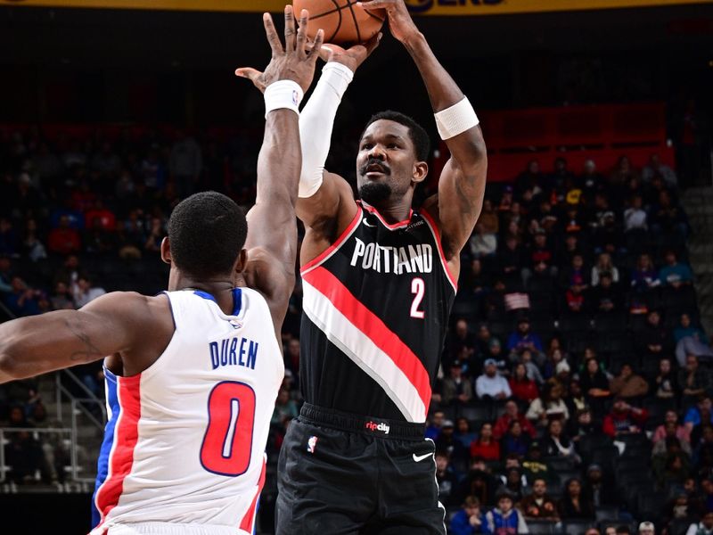 DETROIT, MI - JANUARY 06:  Deandre Ayton #2 of the Portland Trail Blazers shoots the ball during the game against the Detroit Pistons on January 06, 2025 at Little Caesars Arena in Detroit, Michigan. NOTE TO USER: User expressly acknowledges and agrees that, by downloading and/or using this photograph, User is consenting to the terms and conditions of the Getty Images License Agreement. Mandatory Copyright Notice: Copyright 2025 NBAE (Photo by Chris Schwegler/NBAE via Getty Images)