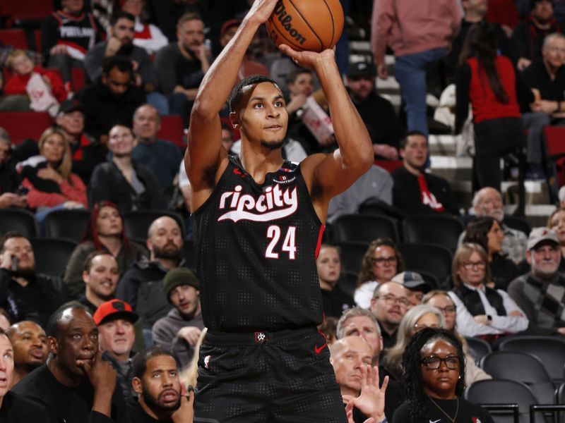 PORTLAND, OR - DECEMBER 6: Kris Murray #24 of the Portland Trail Blazers shoots the ball during the game against the Utah Jazz on December 6, 2024 at the Moda Center Arena in Portland, Oregon. NOTE TO USER: User expressly acknowledges and agrees that, by downloading and or using this photograph, user is consenting to the terms and conditions of the Getty Images License Agreement. Mandatory Copyright Notice: Copyright 2024 NBAE (Photo by Cameron Browne/NBAE via Getty Images)