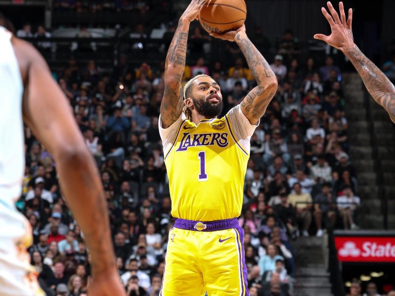 SAN ANTONIO, TX - NOVEMBER 27: D'Angelo Russell #1 of the Los Angeles Lakers three point basket during the game against the San Antonio Spurs on November 27, 2024 at the Frost Bank Center in San Antonio, Texas. NOTE TO USER: User expressly acknowledges and agrees that, by downloading and or using this photograph, user is consenting to the terms and conditions of the Getty Images License Agreement. Mandatory Copyright Notice: Copyright 2024 NBAE (Photos by Jeff Haynes/NBAE via Getty Images)