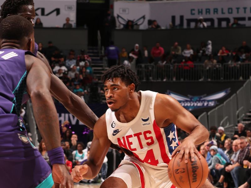 CHARLOTTE, NC - NOVEMBER 5: Cam Thomas #24 of the Brooklyn Nets handles the ball during the game against the Charlotte Hornets on November 5, 2022 at Spectrum Center in Charlotte, North Carolina. NOTE TO USER: User expressly acknowledges and agrees that, by downloading and or using this photograph, User is consenting to the terms and conditions of the Getty Images License Agreement. Mandatory Copyright Notice: Copyright 2022 NBAE (Photo by Kent Smith/NBAE via Getty Images)